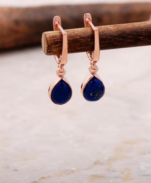 Doğal Lapis Lazuli Taşlı Damla Mini Rose Gümüş Küpe 5869