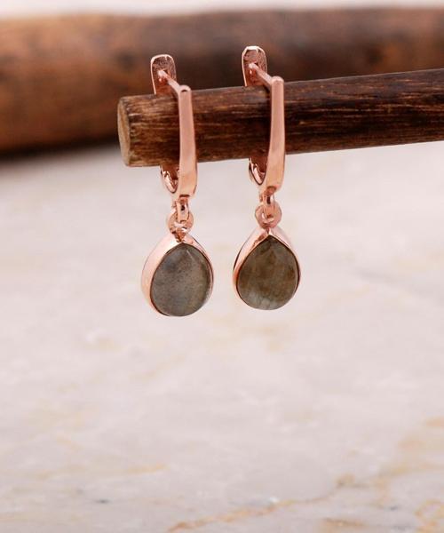 Doğal Labradorit Taşlı Damla Mini Rose Gümüş Küpe 5872