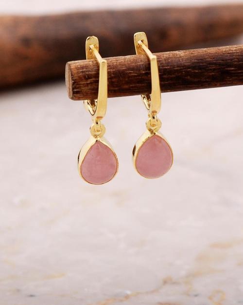 Doğal Pembe Kuvars Taşlı Damla Mini Altın Yaldızlı Gümüş Küpe 5877