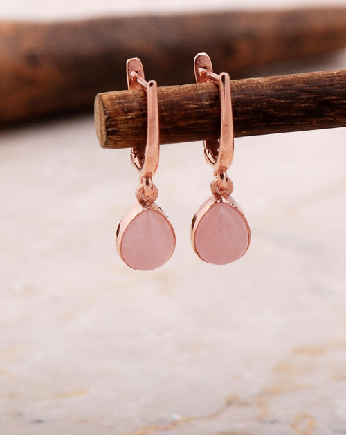 Doğal Pembe Kuvars Taşlı Damla Mini Rose Gümüş Küpe 5878