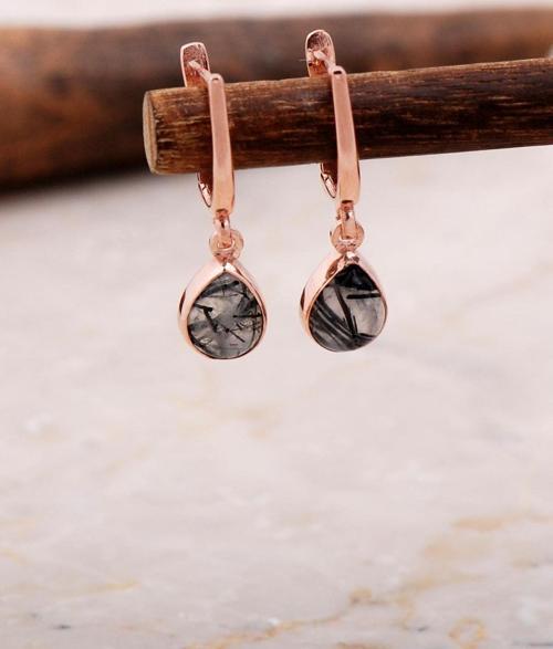 Doğal Rutil Kuvars Taşlı Damla Mini Rose Gümüş Küpe 5881