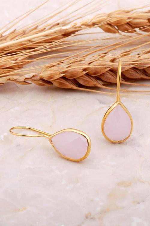 Pembe Kuvars Taşlı Damla Altın Kaplama Gümüş Küpe 5886