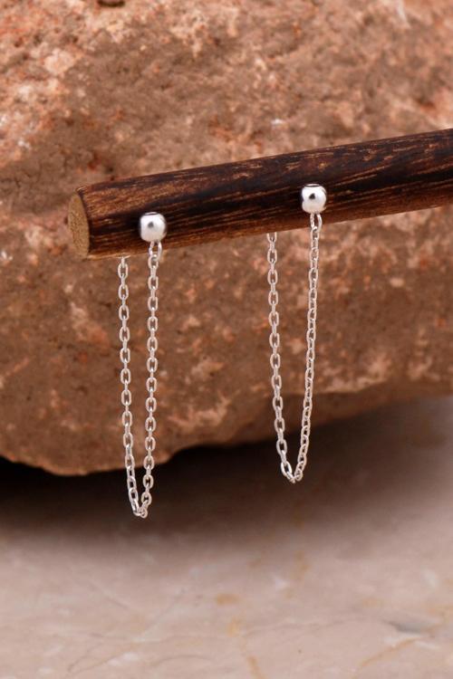 Top Tasarım Rodyumlu Gümüş Zincir Küpe 6106