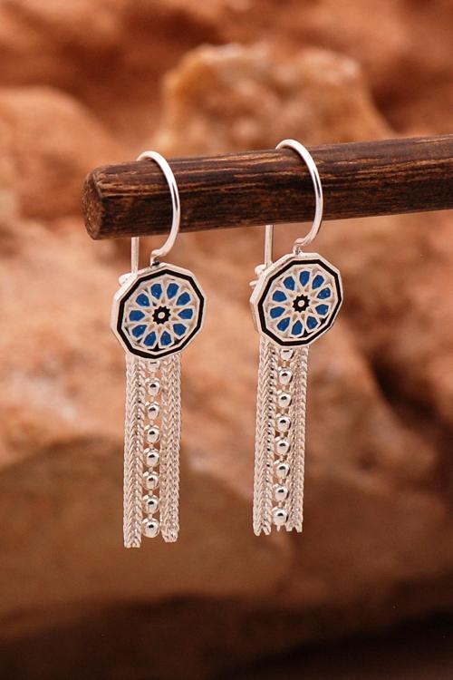 Anadolu Motifli Elişi Mineli Hasır Gümüş Küpe 6133