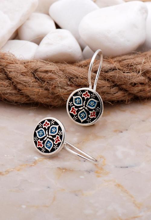 Anadolu Motifli Mineli Elişi Gümüş Küpe 5923