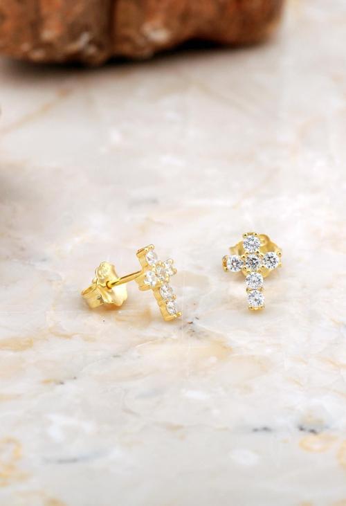 Haç Mini Altın Kaplama Gümüş Küpe 6935