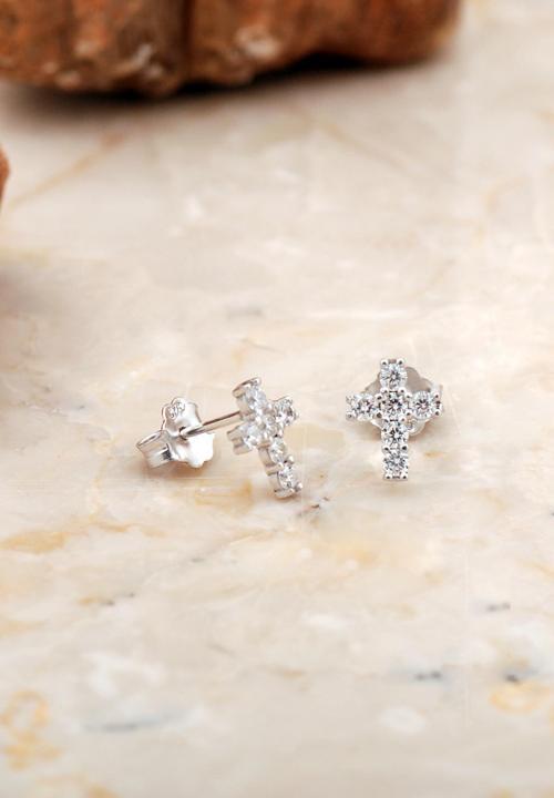 Haç Mini Rodyumlu Gümüş Küpe 6936