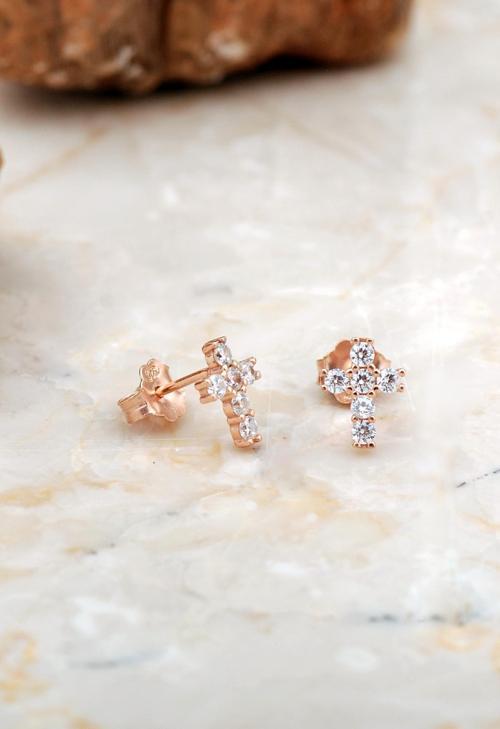 Haç Mini Rose Gümüş Küpe 6937