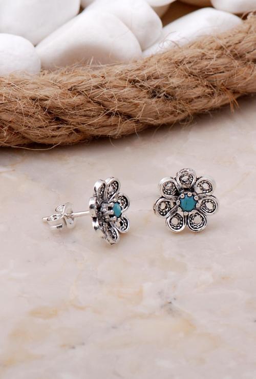 Turkuaz Taşlı Çiçekli Telkari Elişi Gümüş Küpe 5797