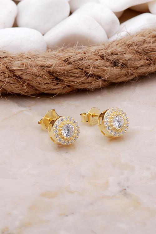 Elmas Montürlü Altın Yaldızlı Gümüş Küpe 5799