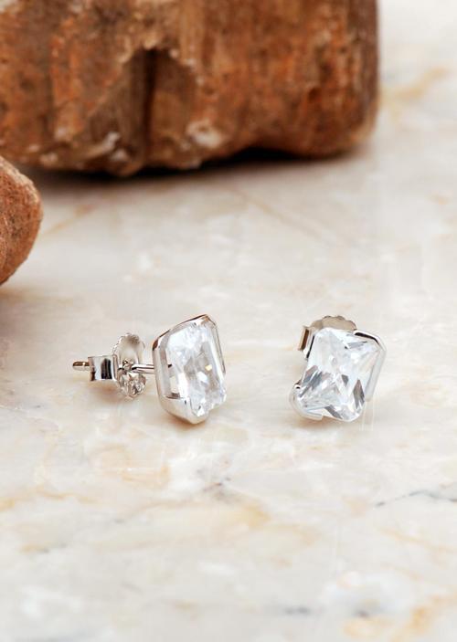 Baget Kesim Tektaş Rodyumlu Gümüş Küpe 6950