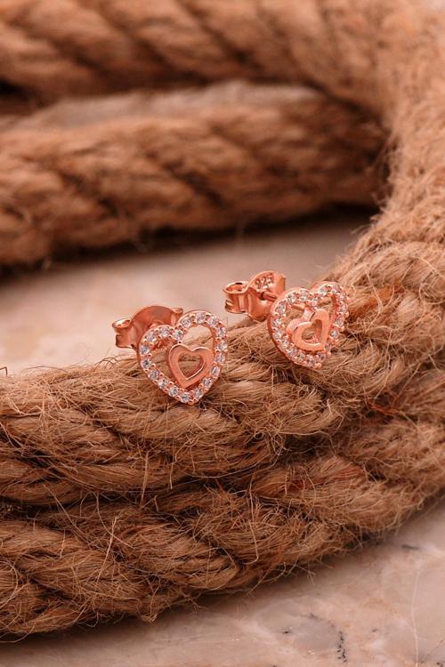 Çift Kalp Mini Rose Gümüş Küpe 6811