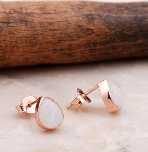 Doğal Ay Taşlı Damla Mini Rose Gümüş Küpe 5819