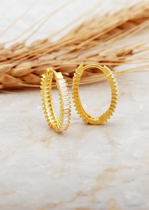 Baget Taşlı Büyük Boy Altın Kaplama Gümüş Oval Halka Küpe 7127