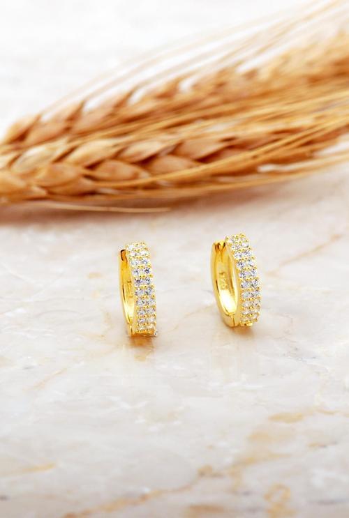 13 Mm Altın Kaplama Taşlı Küçük Boy Gümüş Halka Küpe 7149