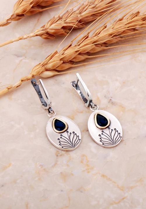 Safir Taşlı Hayat Ağacı Elişi Gümüş Küpe 7195