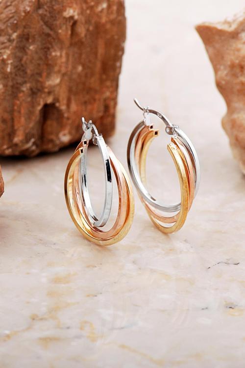 24 Mm Üç Renkli Tasarım Gümüş Halka Küpe 7055