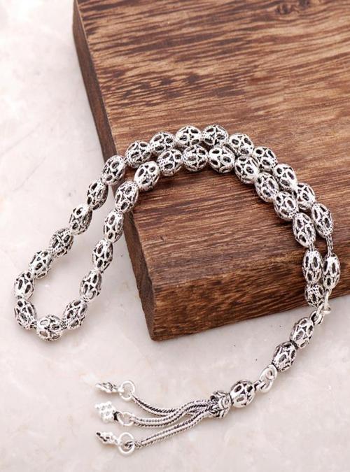 Telkari İşlemeli El Yapımı Oksitli Gümüş Tesbih 214