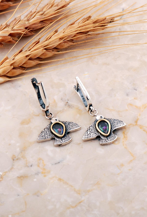 Mistik Topaz Taşlı Martı Çekiç Dövme Elişi Gümüş Küpe 7222