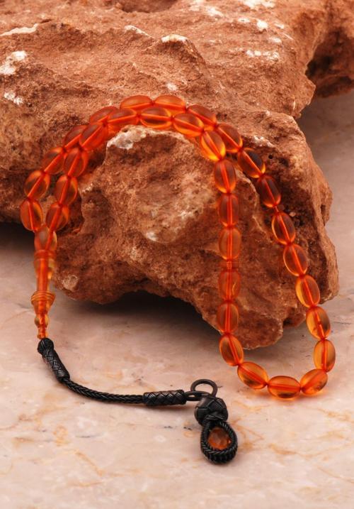 Usta İşi Sıkma Kehribar Kazaziye İşlemeli Gümüş Tesbih 360