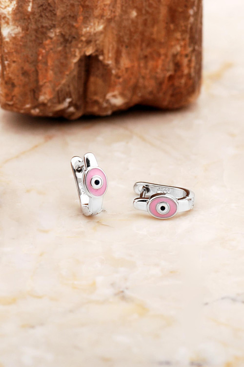 Pembe Mineli Nazar Boncuklu Rodyumlu Gümüş Çocuk Küpesi 7083