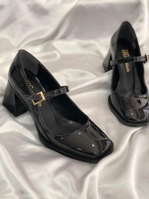 Naomi Mary Jane Siyah Rugan 7 Cm Topuklu Ayakkabı