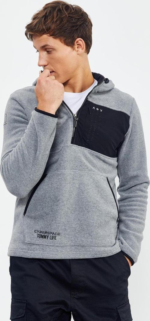 Gri Melanj Nakışlı Yarım Fermuar Kapüşonlu Standart Kalıp Erkek Polar Sweatshirt - 87996