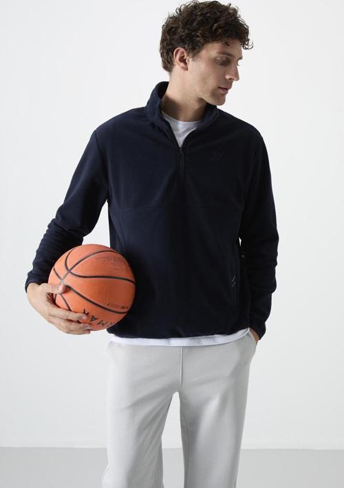Lacivert Yarım Fermuarlı Sweatshirt Slim Fit Dik Yaka Erkek Polar - 87891