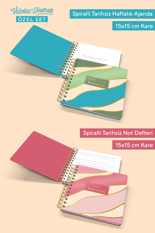 Spiralli Tarihsiz Haftalık Ajanda + Defter. 15x15 cm.