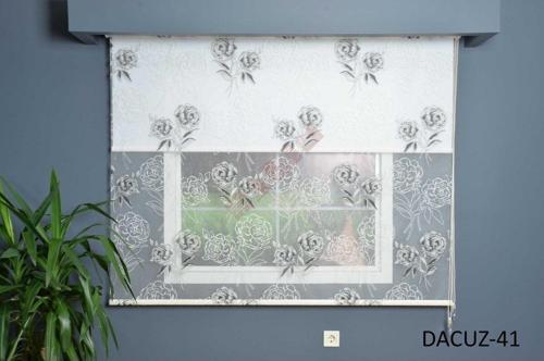 Çift Mekanizmalı Tül Stor Perde Dacuz-41 Kara Gül Desen Alüminyum Kasalı Etekli Veya Eteksiz
