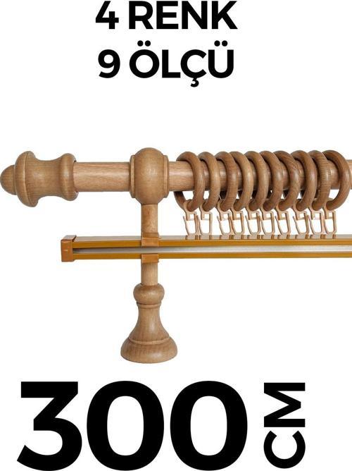 Ahşap Rustik Perde Askısı Meşe Açık Kahve Tek Raylı 300 Cm