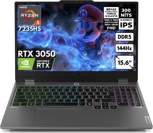 LOQ Ryzen 5-7235HS 8-GBDDR5 512 GBSSD RTX3050 (6GB-95W) 15.6" FHD Windows 10 Home 83JC000PTRHMF96
