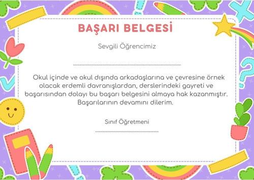 20 Adet A4 Boyutunda Öğrenci Başarı Belgesi - Anaokul - Ilkokul Başarı Belgesi (Model 9)