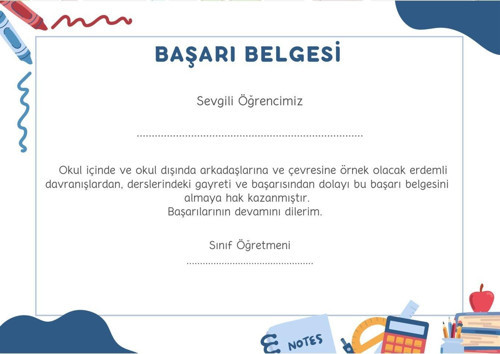 35 Adet A4 Boyutunda Öğrenci Başarı Belgesi - Anaokul - İlkokul (Model 10)