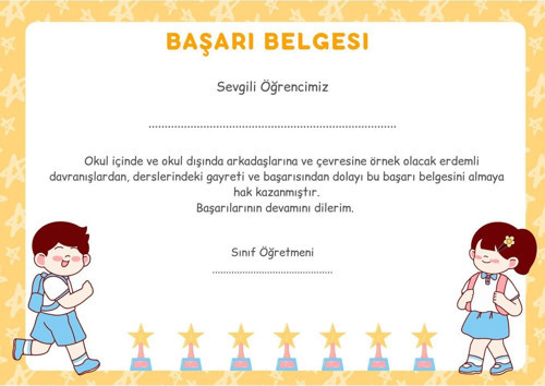 50 Adet A4 Boyutunda Öğrenci Başarı Belgesi - Anaokul - İlkokul (Model 11)