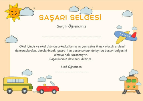50 Adet A4 Boyutunda Öğrenci Başarı Belgesi - Anaokul - İlkokul (Model 7)