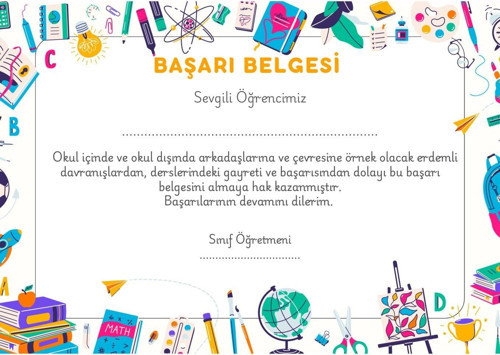 50 Adet A4 Boyutunda Öğrenci Başarı Belgesi - Anaokul - Ilkokul Başarı Belgesi (Model 2)