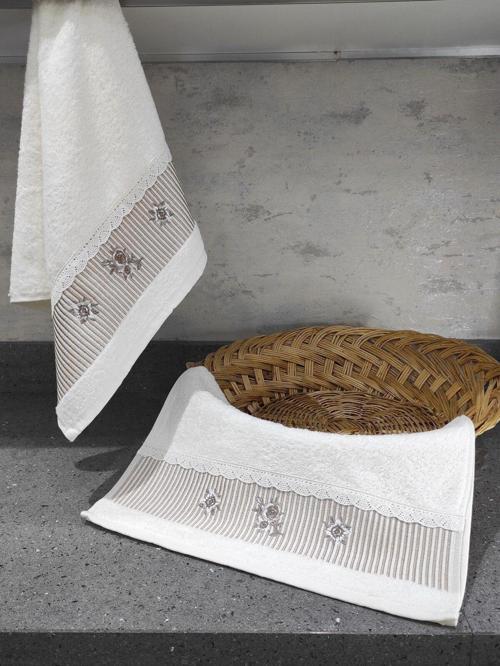 %100 Pamuk & Nakışlı Havlu Takımı - 2'Li Dantelli Havlu Seti - 40X60 Cm – Kapuçino