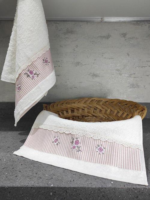 %100 Pamuk & Nakışlı Havlu Takımı - 2'Li Dantelli Havlu Seti - 40X60 Cm – Pudra