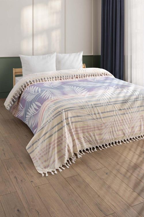 %100 Pamuk Çift Kişilik Havlu Yatak Örtüsü - Tropikal Desen Pike - 220X240 Cm - Bordo Çizgili Sarı