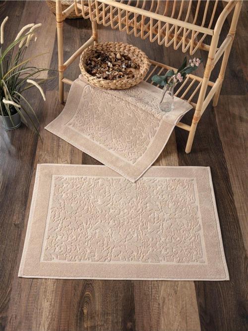 2'Li Ayak Havlusu Seti - %100 Pamuklu & Kapuçino Renk Havlu - Damask Desenli & Yumuşak-50X70Cm