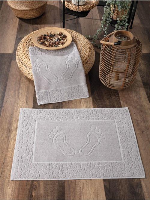 2'Li Ayak İzli Ayak Havlusu Seti - %100 Pamuk Havlu Takımı - Yüksek Su Emici & Kalın - 50X70Cm - Gri