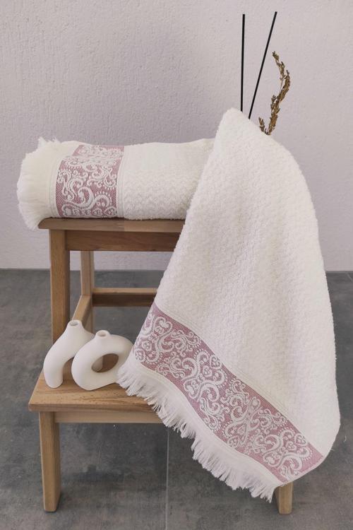2'Li Kabartma Bordürlü & Püsküllü El/Yüz Havlusu - %100 Pamuk - 50 X 85 Cm - Gül Rengi