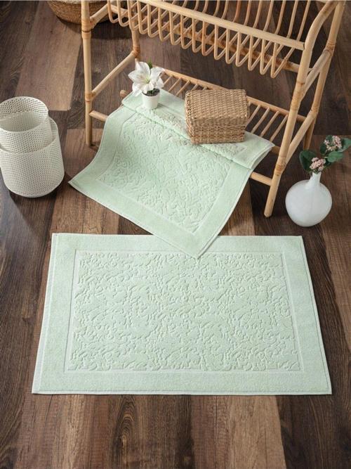 2'Li Mint Yeşili Ayak Havlusu Seti - %100 Pamuk - Damask Desenli Havlu Takımı - 50X70 Cm