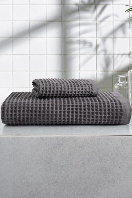 2'Li Waffle Banyo Havlu Seti- Ekstra Yumuşak Ve Petekli Doku - %100 Pamuk &Yüksek Su Emici- Antrasit
