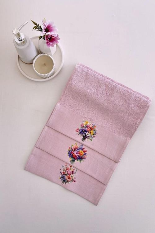 3'Lü Çiçek Baskılı Bambu Havlu Takımı - Pembe El & Mutfak Havlusu Seti - Ekstra Yumuşak - 30X50 Cm