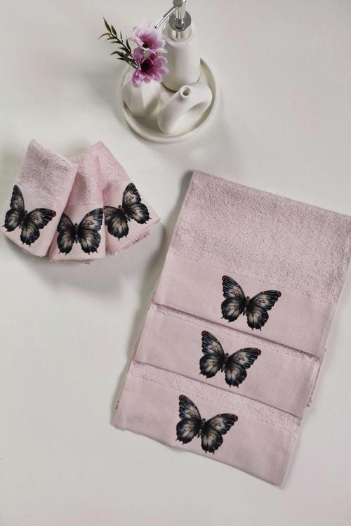 3'Lü Dijital Baskılı Mutfak Havlu Takımı  Kelebekli Bambu El Havlusu Seti  Ekstra Yumuşak  Pudra