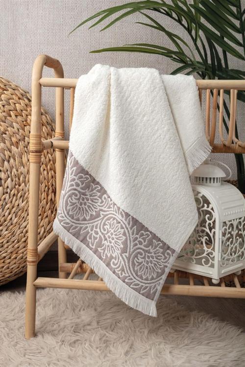Bambu Yumuşak & Yüksek Emici El Havlusu - Krem Rengi Kabartma Bordürlü Tasarım - 50X90Cm