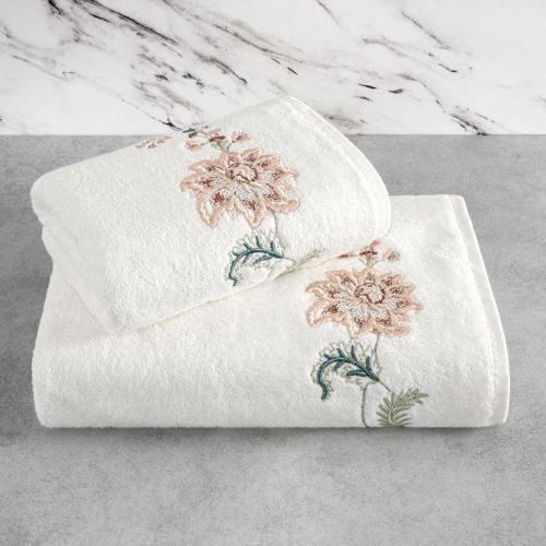 Bambu Yumuşak & Yüksek Su Emici Tivoli 2'Li Havlu Seti - Julia Ekru & Çiçek Desen Nakışlı Çeyiz Seti