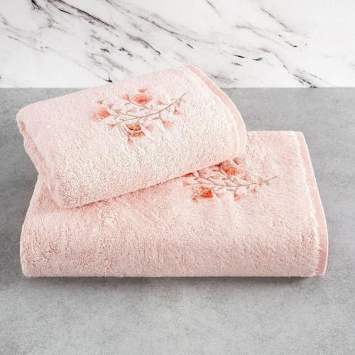 Bambu Yumuşak Tivoli Havlu Seti - Lisette Pudra Çiçek Desen Nakışlı - 2'Li Çeyiz Seti